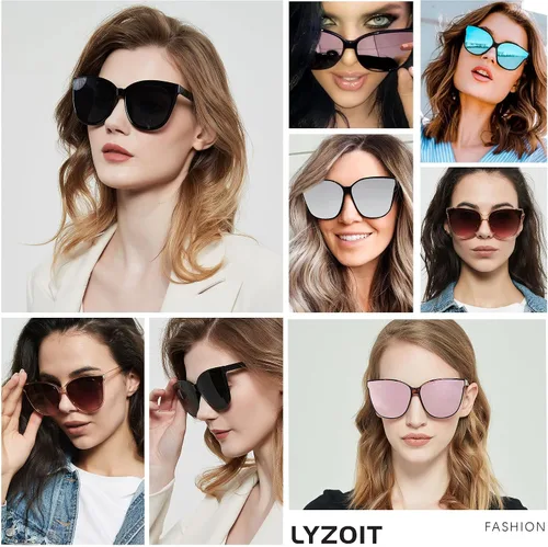 Vista 4 de LYZOIT Lentes de sol de gran tamaño con diseño de ojo de gato para mujer, 2 unidades, lentes de sol vintage a la moda