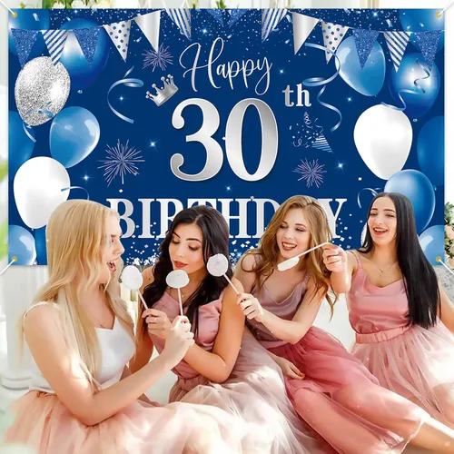 Vista 7 de Telón de fondo de pancarta de 30 cumpleaños, decoraciones de feliz cumpleaños de BTZO 30, fondo de fotos de tela azul plateada para hombres