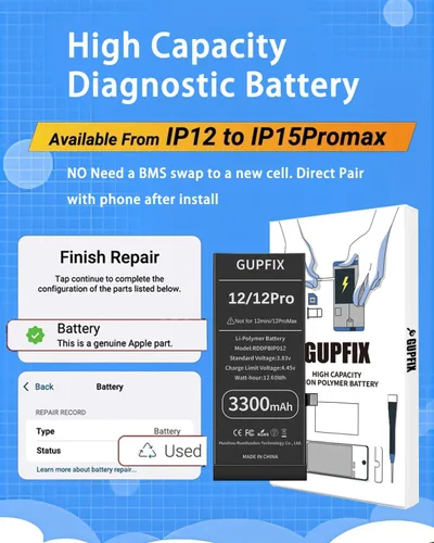Vista 3 de Batería GUPFIX para iPhone 12/12Pro sin advertencia de pieza desconocida emergente No Unknown Part Info High Real Capacity Long Last Time Wireless