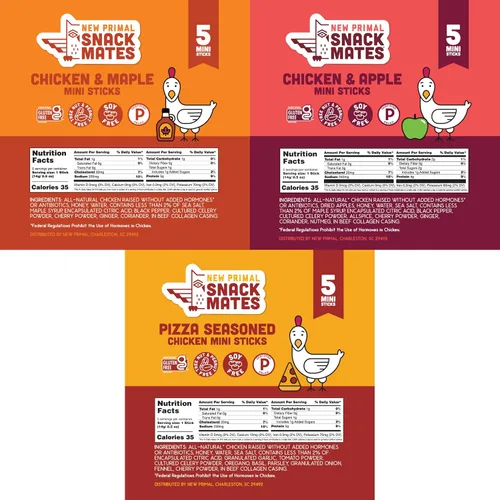 Vista 2 de New Primal Snack Mates Mini Chicken Stick Variety, tres sabores, 15