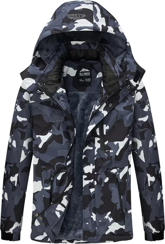 Vista 10 de ELLSWOS Chaqueta de esquí impermeable para hombre, abrigo de nieve de invierno, impermeable cálido con capucha, cortavientos Marrón