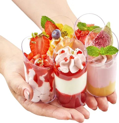 Vista 5 de TOFLEN Paquete de 100 mini tazas de postre con cucharas, tazas redondas de plástico para postres de 2.2 onzas, tazas inclinadas para aperitivos