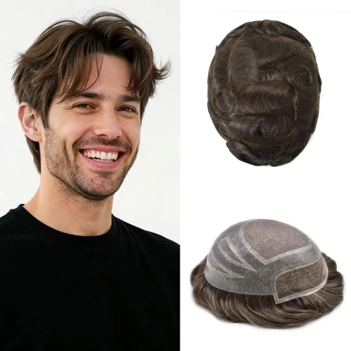 Vista 27 de Toupee - Piezas de pelo para hombres, cabello humano real, sistema de reemplazo de cabello francés, encaje francés, extensiones de cabello