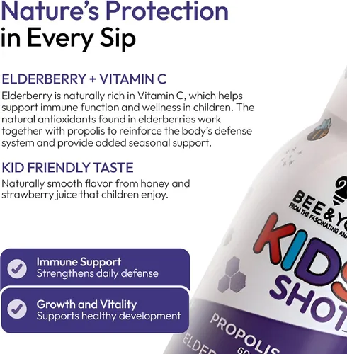 Vista 3 de Suplemento de apoyo inmunológico para niños BEE and You, propóleos 100% natural, vitamina C, saúco, miel cruda, antioxidantes, alternativa a