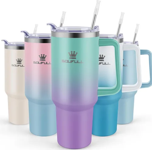 Vista 14 de Vaso de 40 onzas con asa y tapa con popote, taza de café de viaje 100% a prueba de fugas, taza aislada de acero inoxidable para bebidas frías
