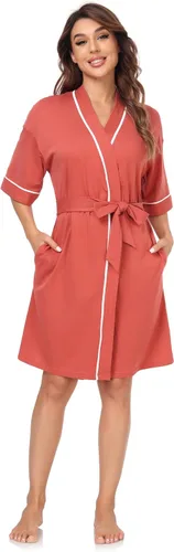 Vista 144 de COLORFULLEAF Bata de baño de manga corta para mujer, 100% algodón, longitud hasta la rodilla, con bolsillos