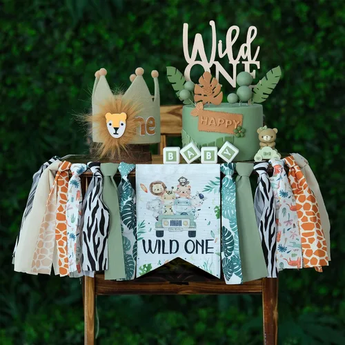 Vista 9 de Decoraciones de dinosaurio para el primer cumpleaños, cartel para silla alta para niño Dinosaurio Verde Uno