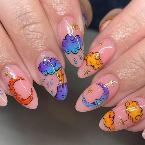 Vista 12 de Aurora - Uñas postizas a presión degradadas, uñas postizas largas de almendra, diseño de sol y luna brillante, uñas artificiales reutilizables