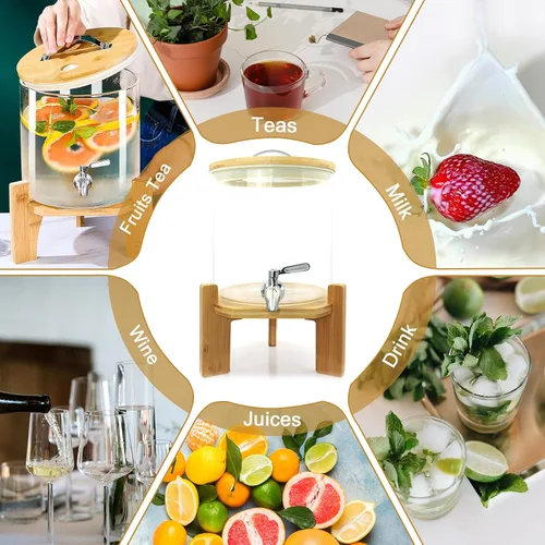 Vista 6 de Dispensador de bebidas de vidrio con soporte, dispensador de bebidas de vidrio de 1.5 galones, dispensador de bebidas con soporte de madera, grifo