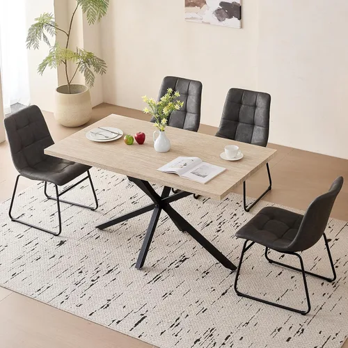 Vista 16 de Dining Table Set for 4, Modern 55" Brown Wood Grain Kitchen Table with 4 Stackable Dining Chairs, Faux Leather, for Dining Living Room Apartment