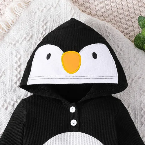 Vista 4 de Maemukilabe Mameluco con capucha de pingüino de manga larga con botones para bebé, niño, niña, disfraz de animal, ropa de otoño e invierno