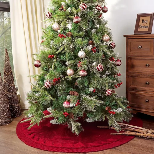 Vista 4 de Falda de árbol de Navidad de 48 pulgadas: falda de árbol de punto de cable para árbol de 7.5 pies, falda de árbol rojo vino, faldas de árbol