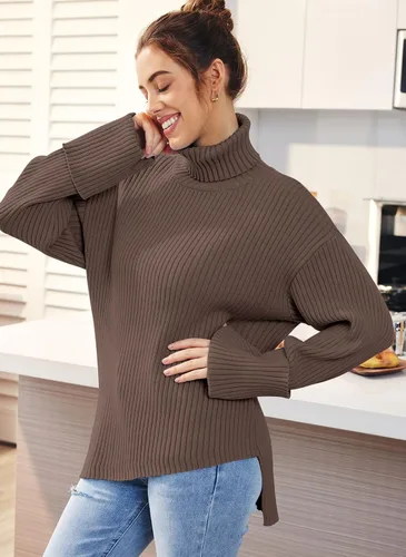 Vista 4 de LILLUSORY Suéteres de gran tamaño para mujer, cuello alto, manga larga, dobladillo asimétrico