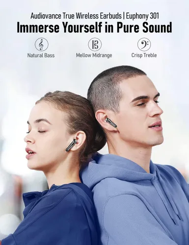 Vista 2 de Audiovance Euphony 301 - Auriculares inalámbricos Bluetooth para iPhone y Android, auriculares inalámbricos de sonido premium (EU301)