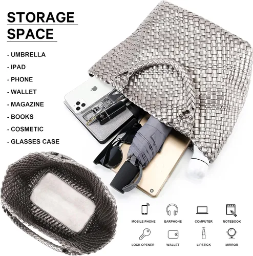 Vista 4 de Queenoris Bolso tejido para mujer, bolso de mano de cuero vegano grande para verano, playa, viaje, bolso y bolso retro hecho a mano