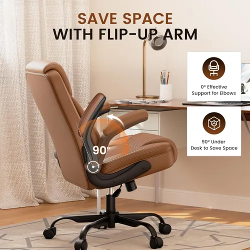 Vista 5 de COMHOMA Comfy Silla de oficina, silla de escritorio para el hogar con reposabrazos abatibles y respaldo ergonómico, silla ejecutiva de piel
