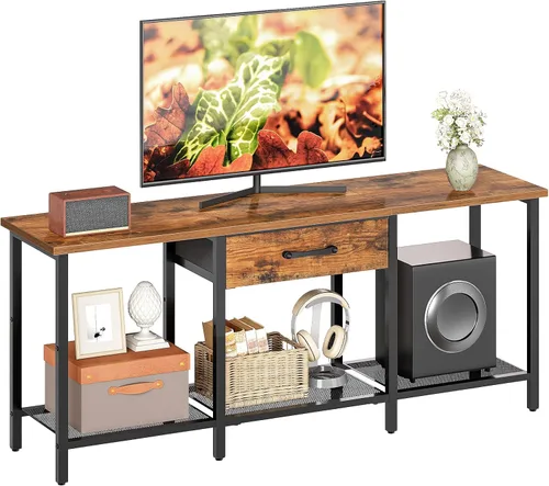 Vista 10 de HOOBRO Soporte de TV para televisores de hasta 55 pulgadas, centro de entretenimiento con cajón de tela y estantes abiertos, mesa consola industrial