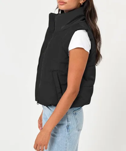 Vista 3 de Trendy Queen Chaleco acolchado para mujer, sin mangas, ropa de abrigo de invierno, cálido, ligero, a la moda, cuello alto, chaleco de plumón