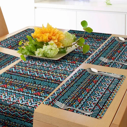 Vista 5 de Lunarable Camino de mesa tropical y manteles individuales, acuarela tucán loro flamenco piñas y flores silvestres sobre rombo, juego para decoración