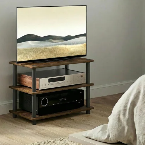 Vista 4 de Furinno Turn-N-Tube Soporte de TV, centro de entretenimiento de esquina de 3 niveles con estantes abiertos, consola de TV sin herramientas para TV