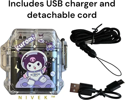 Vista 3 de NIVEK Kuromi - Encendedor de carga USB transparente, doble arco, impermeable, recargable, luz de gatito, gato, melodía japonesa Kawaii