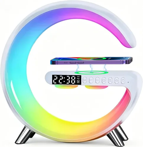 Vista 10 de 4 In 1 Smart LED Table Lamp, Alarm Clock, Bluetooth Speaker, Wireless Charger, App Control Night Light Bedside Lamp with Fast Charging Station for