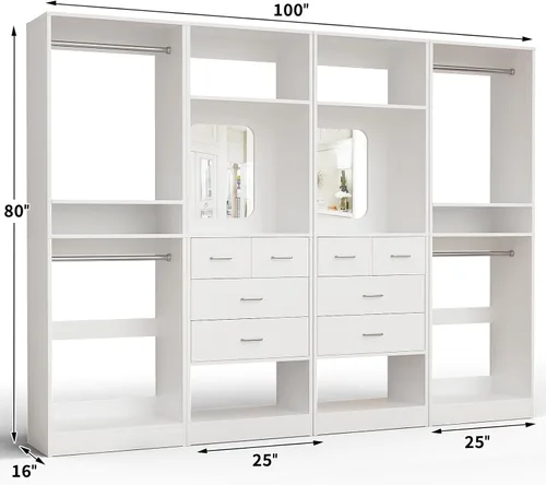 Vista 7 de Unikito Sistema de armario de 100" con cajones, organizador de armario de madera de 8.3 pies con barras colgantes y diseño de espejo, perchero