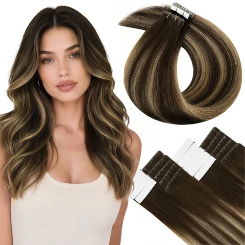 Vista 30 de LaaVoo - Extensiones de cabello humano con cinta adhesiva, color marrón a rubio ceniza, extensiones de cabello humano real, cintas en extensiones