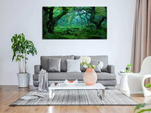 Vista 2 de Lienzo de bosque verde para pared, decoración de sala de estar, árboles grandes, imagen de naturaleza, lienzo moderno y grande, arte de madera
