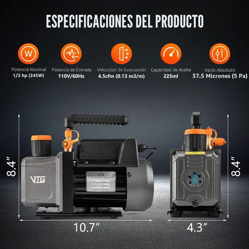 Vista 2 de VTG VOGTEN 4.5 CFM Bomba de vacío y juego de medidor de aire acondicionado, para sistemas Mini Split/HVAC/Auto, kit de manómetro de colector