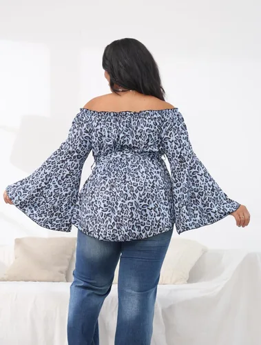 Vista 2 de Floerns Blusa peplum de manga larga con hombros descubiertos para mujer, talla grande