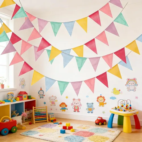 Vista 7 de ToBeIT Banderas triangulares colgantes de arpillera de imitación de tela multicolor triángulo banderines para fiestas y festivales colgantes