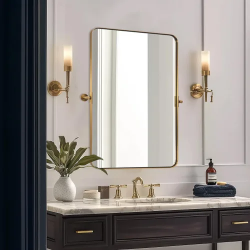 Vista 10 de Espejo giratorio Moon Mirror de oro cepillado, espejo inclinable de latón para tocador rectangular para baño, medidas totales 24.33 x 28 pulgadas