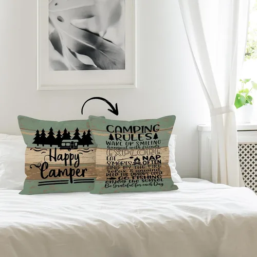 Vista 4 de Funda de almohada reversible con tablero de madera rústica Happy Camper, regalos para mujeres y hombres, funda de almohada con reglas de campamento
