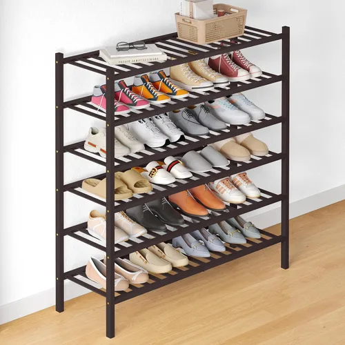 Vista 22 de Smiry Zapatero de bambú para armario, organizador de zapatos de madera de 3 niveles, estante apilable de almacenamiento de zapatos de madera