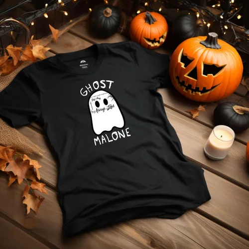 Vista 3 de Camisa de fantasma para mujeres y hombres, camisa de Halloween Malone, camiseta de cara de ghoul, disfraces espeluznantes de Halloween, ropa