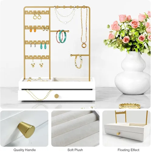Vista 5 de Soporte organizador de joyas de oro, regalo de cumpleaños para mujeres y niñas, pequeño soporte de joyería para aretes, anillos, pulseras, árbol
