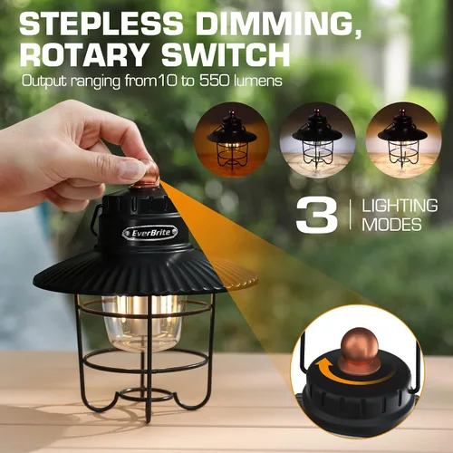 Vista 2 de Linterna de camping LED EverBrite, linterna recargable USB C con 3 modos de luz, linternas vintage para exteriores con función de banco de energía