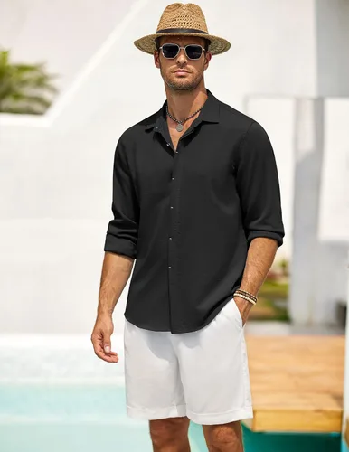Vista 4 de COOFANDY Camisa casual de manga larga con botones para hombre, camisa de verano para playa, boda