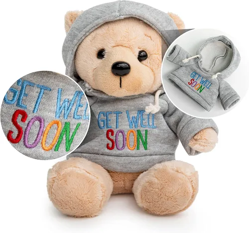 Vista 2 de Oso de peluche Ganz Get Well Gray Hoodie, Encouragement Card, 9 Inch Comfort Plush, Feel Better Gift for Kids, Teens, Women & Men, Hospital Stay