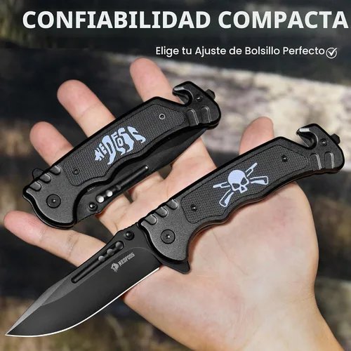 Vista 5 de NedFoss GRIZZLY Cuchillo de bolsillo, hoja de acero 8Cr14Mov de 3.5", cuchillo táctico 3 en 1 con rompecristales, cortador de cinturón, mango