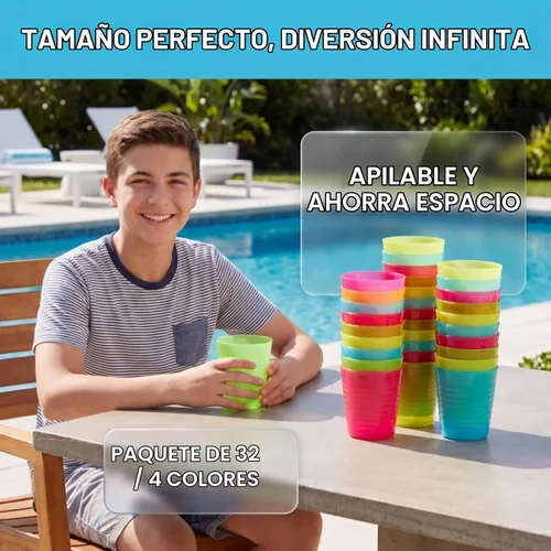 Vista 5 de Dicunoy Paquete de 32 vasos de plástico reutilizables de 8 onzas, vasos pequeños para beber, vasos abiertos de colores irrompibles, vaso de agua