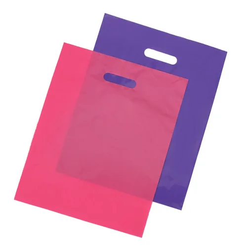 Vista 3 de 100 Bolsas 12x15 plástico color rosa y morado brillante para compras, con asas