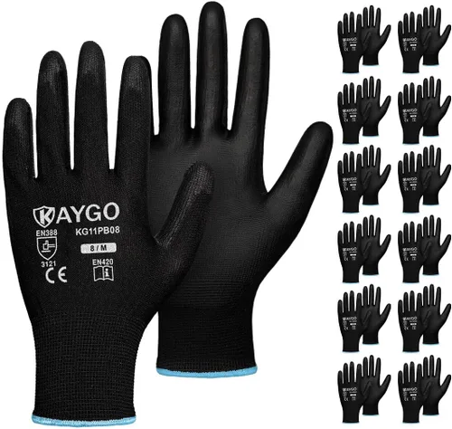 Vista 76 de KAYGO KG11PB - Guantes de trabajo de seguridad con revestimiento de poliuretano, 12 pares de guantes de punto sin costuras para hombres y mujeres
