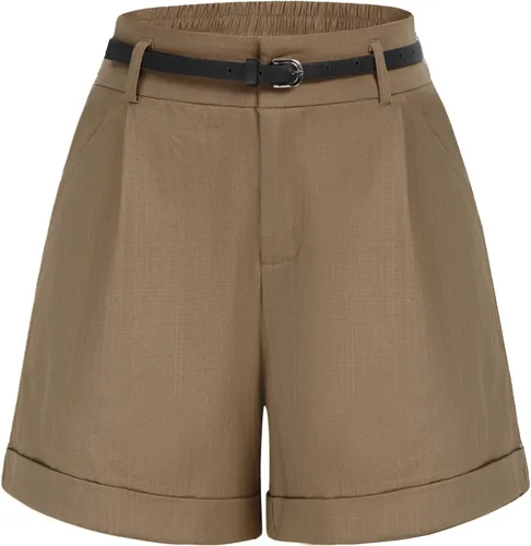 Vista 12 de Belle Poque Bermudas para mujer, cintura elástica, pantalones cortos de pierna ancha con bolsillos y cinturones Negro