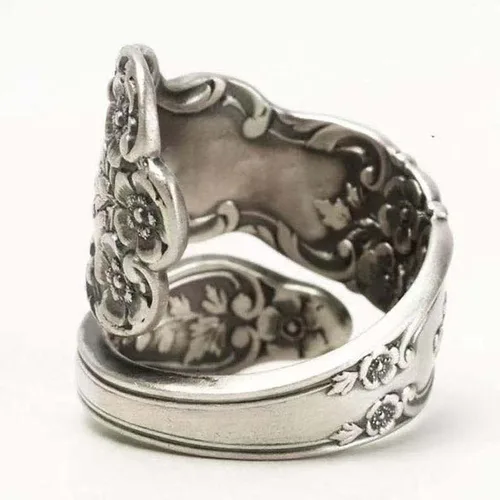 Vista 2 de Anillo ajustable de plata de ley 925 con cuchara oxidada, regalo de joyería para mujer