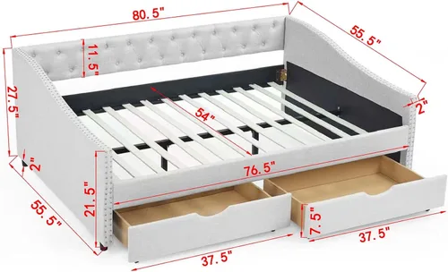 Vista 2 de Linuque - Sofá cama tapizado de tamaño matrimonial con 2 cajones de almacenamiento, marco de sofá cama de madera maciza con respaldo copetudo