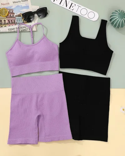 Vista 3 de Conjuntos de entrenamiento para mujer, 4 piezas, sin costuras, espalda descubierta, brasier deportivo, cintura alta, corto, yoga, gimnasio, conjunto