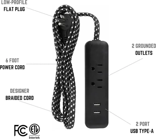 Vista 2 de Clear Power Cable de extensión de enchufe plano de 6 pies con 2 tomas de corriente + cargador USB para interiores 16/3 SPT-2, enchufe de conexión a