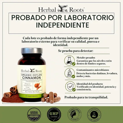 Vista 5 de Herbal Roots Cápsulas orgánicas de canela de Ceilán, certificado orgánico por USDA, soporte circulatorio, 60 cápsulas veganas